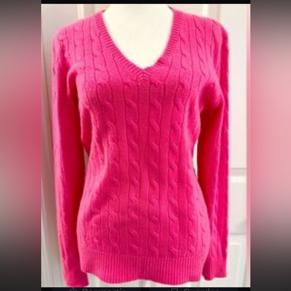 Vibrant Pink V-Neck Cable Knit Sweater